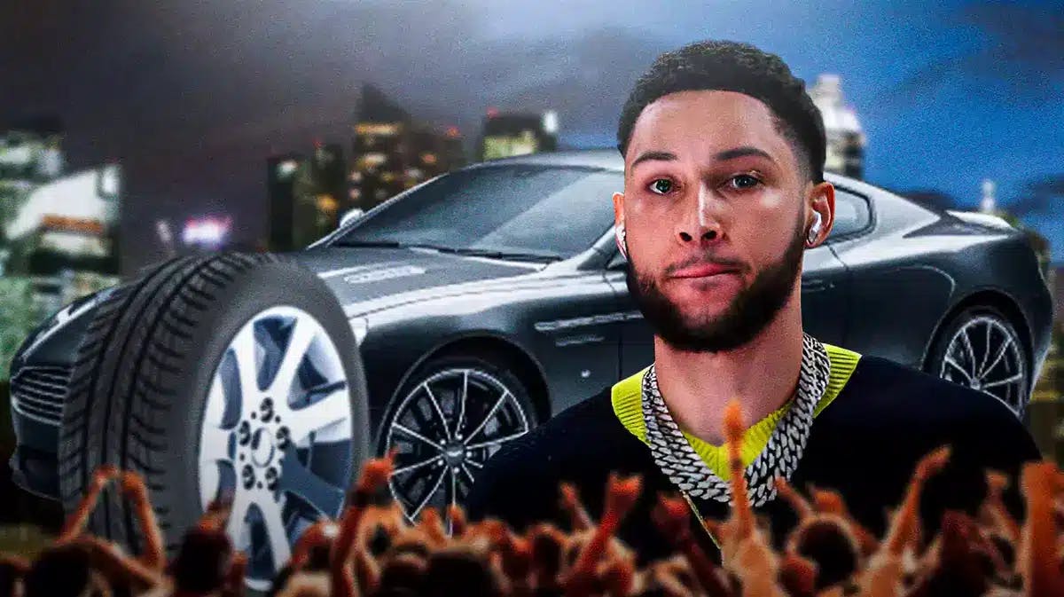 Nets' Ben Simmons sad with an Aston Martin DB9 with a flat tire beside Simmons