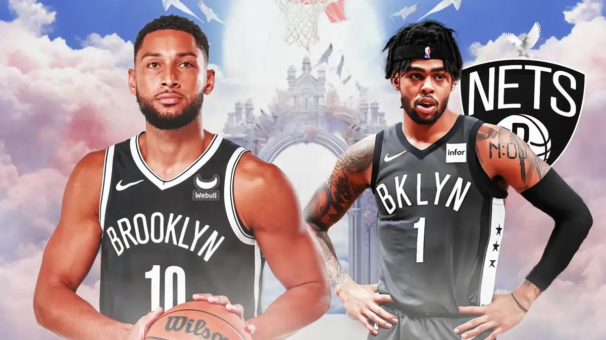 Nets' Ben Simmons and D'Angelo Russell stand next to each in an NBA trade deadline dream, Mikal Bridges sits out of the frame