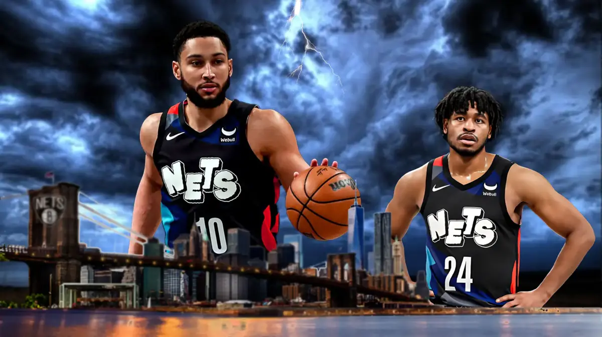 Cam Thomas and Ben Simmons stand next to each in a nightmare scenario amid the Nets losing record, NBA trade deadline nightmares haunt the background