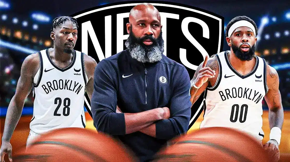 Jacque Vaughn in middle of image looking stern, Dorian Finney-Smith and Royce O'Neale on each side, Brooklyn Nets logo, basketball court in background