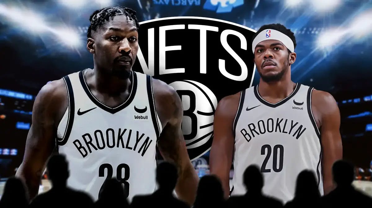 Nets Dorian Finney-Smith and Day'Ron Sharpe in front of a Nets logo.