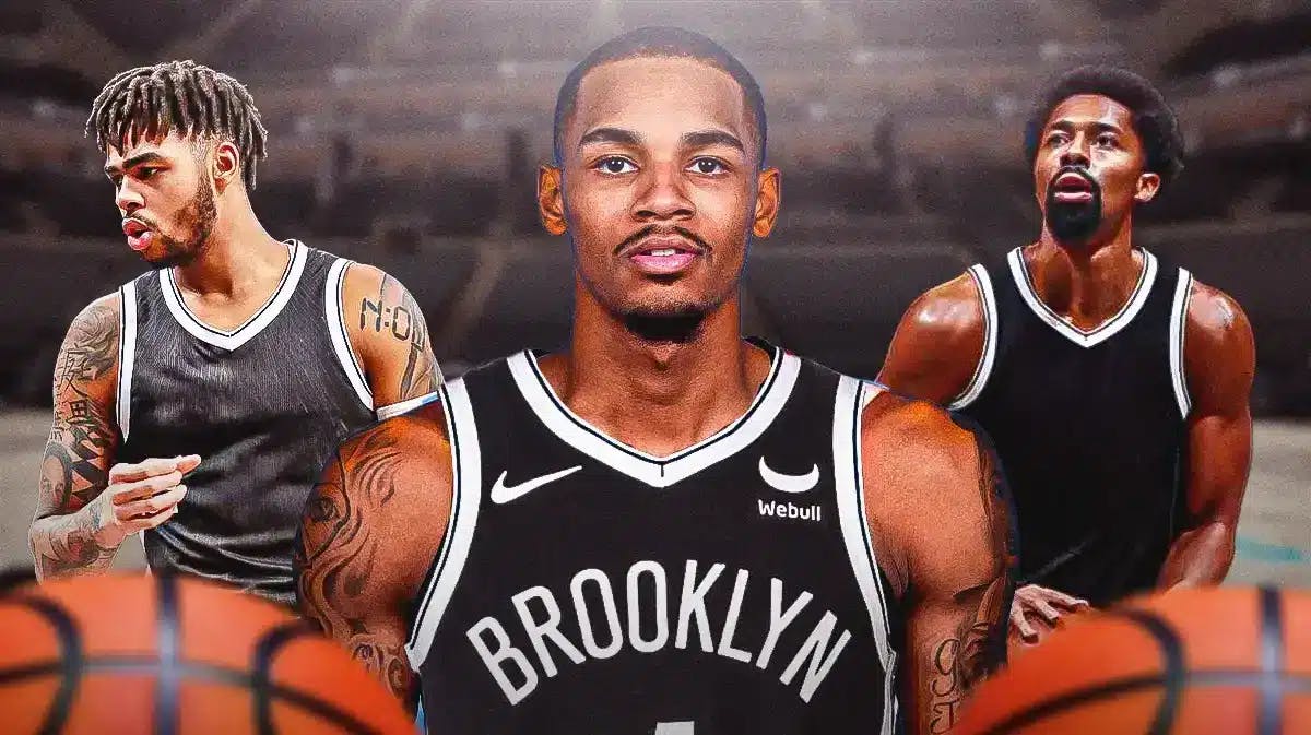 Dejounte Murray in a Nets jersey and then Spencer Dinwiddie and D’Angelo Russell in blank jerseys.
