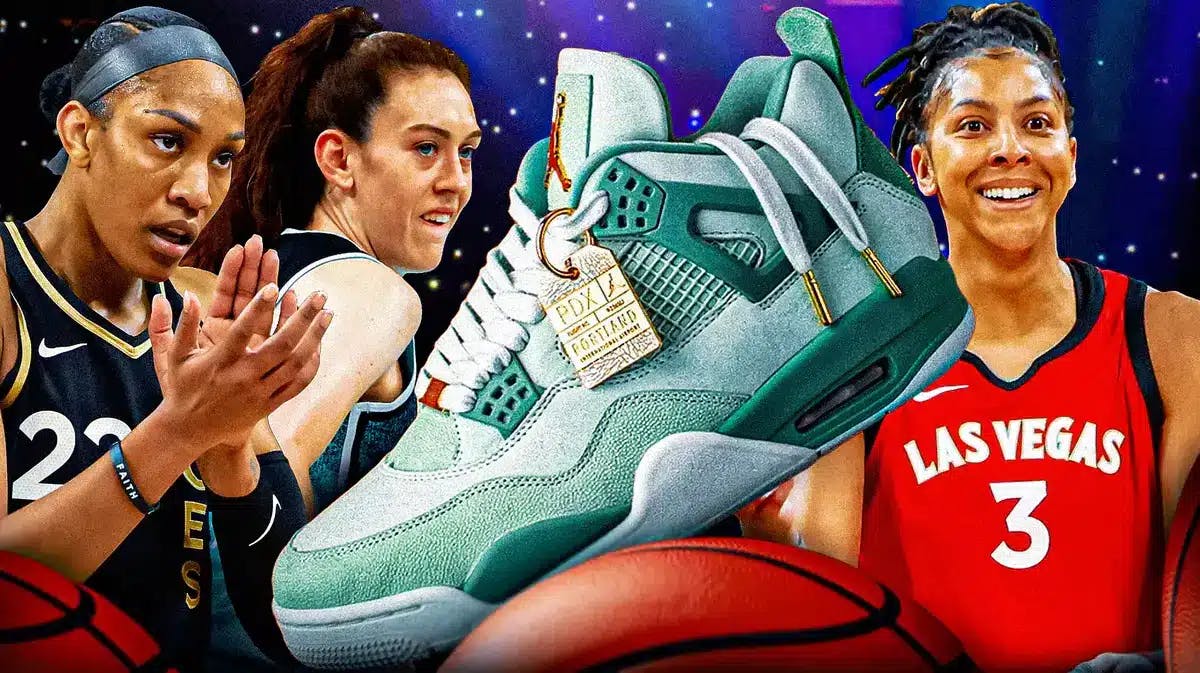 the new Air Jordan 4 with various WNBA athletes like A’ja Wilson, Breanna Stewart and Candace Parker in their basketball uniforms in the background