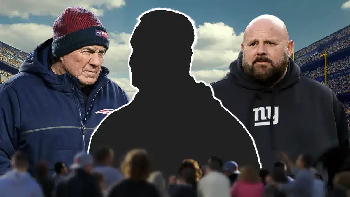 Bill Belichick and Giants' HC Brian Daboll looking at a silhouette.