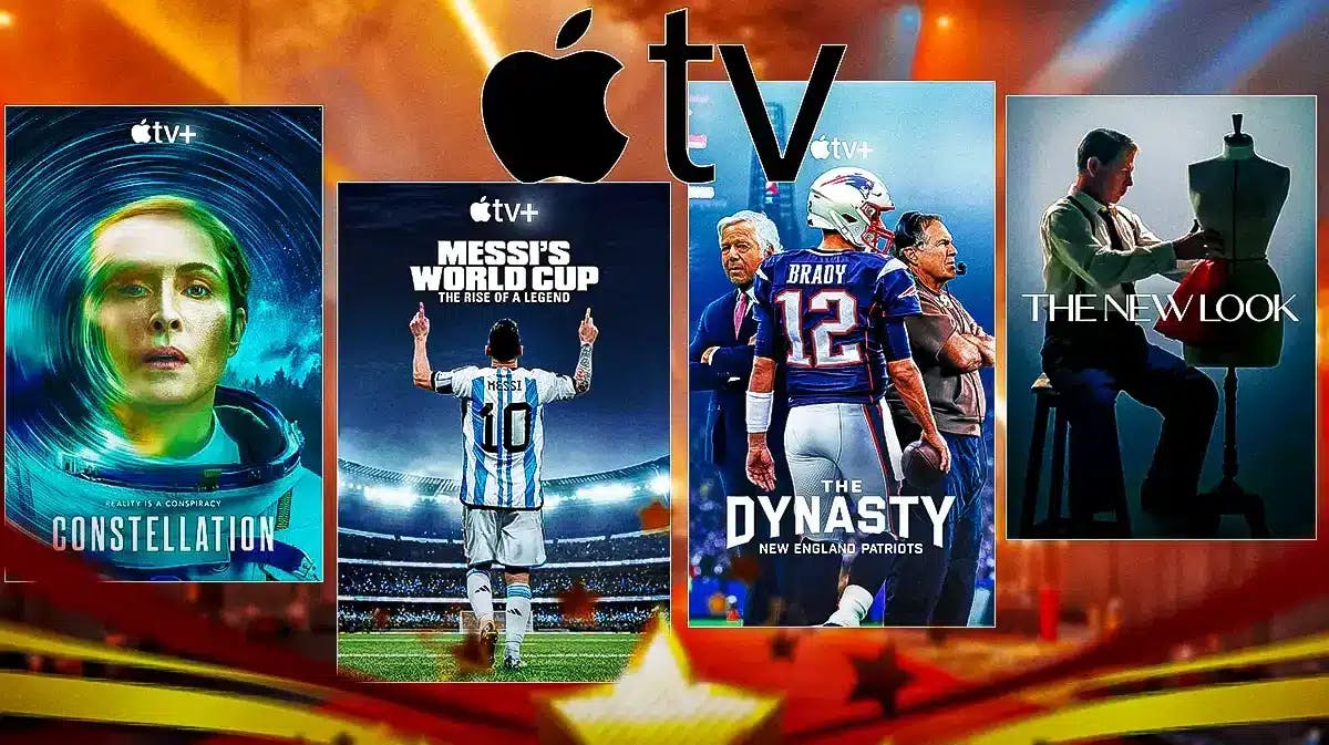 Collage of show posters for new Apple TV+ series Constellation, Messi’s World Cup, The Dynasty: New England Patriots, and The New Look along with the Apple TV+ logo