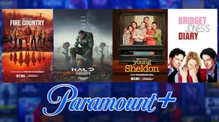 Collage of pics from movie/tv posters for Halo, Fire Country, Young Sheldon and Bridget Jones' Diary, along with the Paramount+ logo.