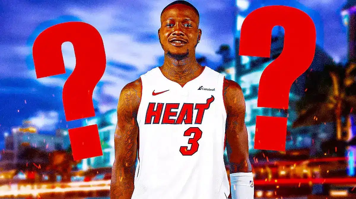 Miami Heat star Terry Rozier next to question marks in front of the city of Miami.