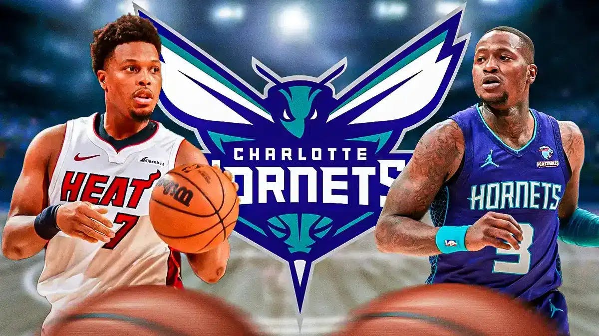 Kyle Lowry and Terry Rozier on either side of image, CHA Hornets logo in middle, 3-5 question marks in image, basketball court in background