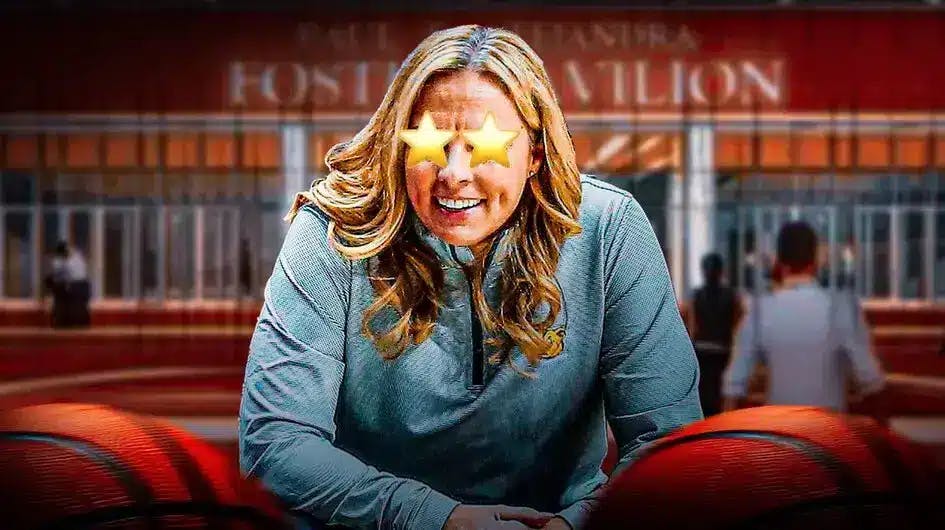 Baylor women’s basketball coach Nicki Collen with stars emojis in her eyes, with Baylor University’s new Foster Pavilion in the background, and basketballs along the border of the thumb