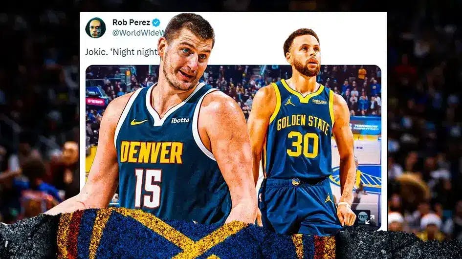: Nuggets' Nikola Jokic hyped up, Warriors' Stephen Curry sad, with screenshot of Jokic’s shot in the middle