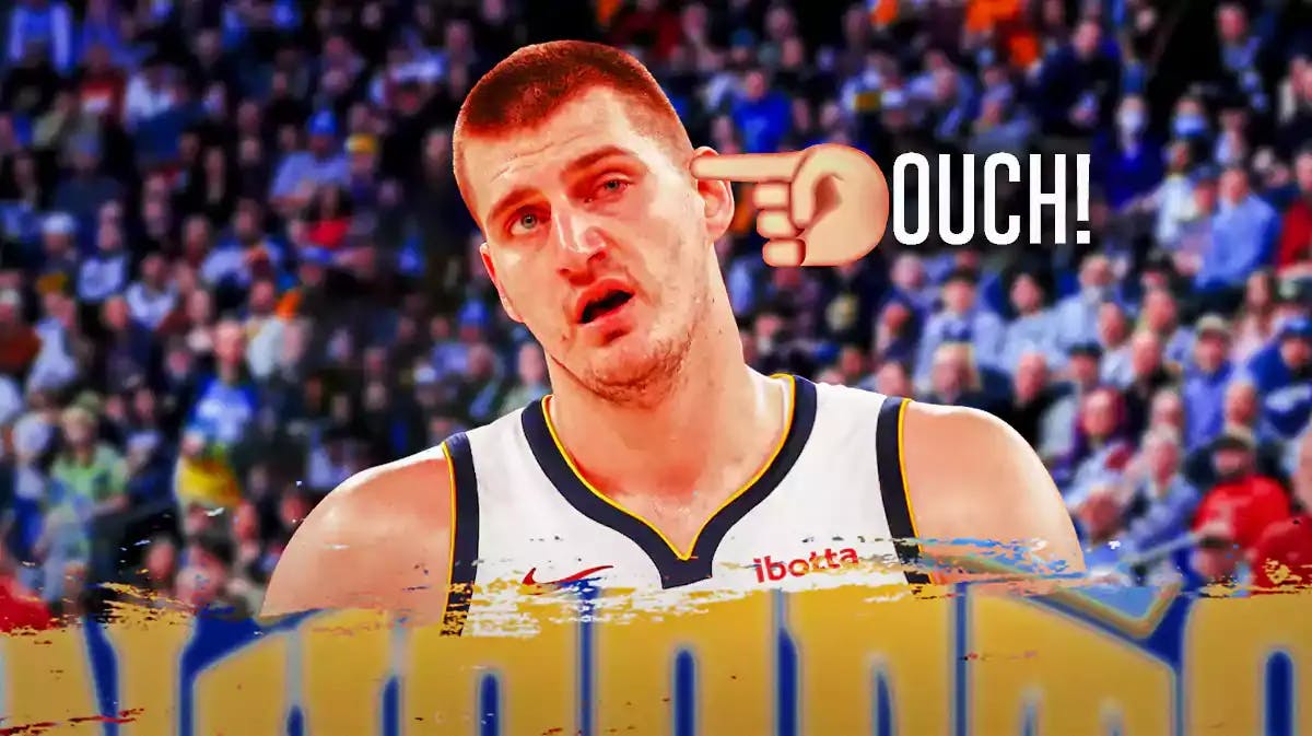 Nikola Jokic with a emoji hand pointing to his left eye. Also include “ouch!” next to the hand Denver Nuggets