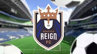 The new Seattle Reign FC Logo, with Lumen Field in Seattle, Washington as the background, with soccer balls along border of image
