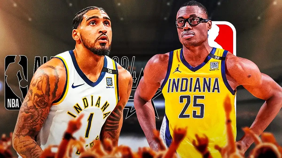 Photo: Jalen Smith (Pacers) and Obi Toppin in Pacers uniform with NBA logo and All-Star logo behind them