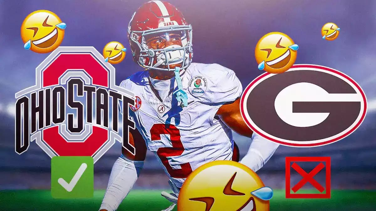 Caleb Downs hyped up, with the Ohio State football and Georgia football logos beside Downs. Check mark under the Ohio State logo and cross mark under the Georgia logo, with rofl emojis around Downs