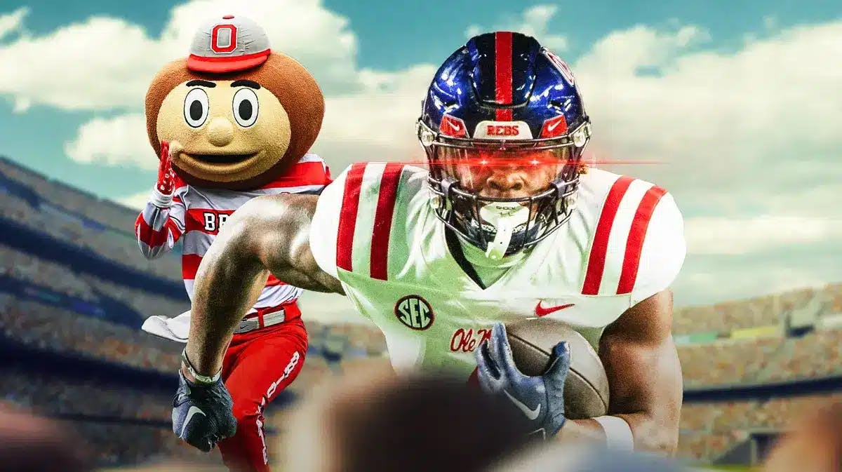 Quinshon Judkins (Ole Miss) with woke eyes and Ohio State football mascot in the background