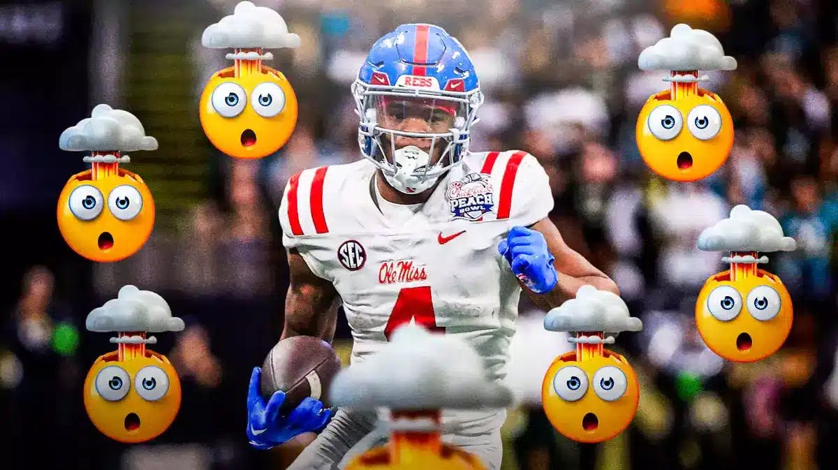 Quinshon Judkins (Ole Miss jersey) with 🤯 emoji surrounding him