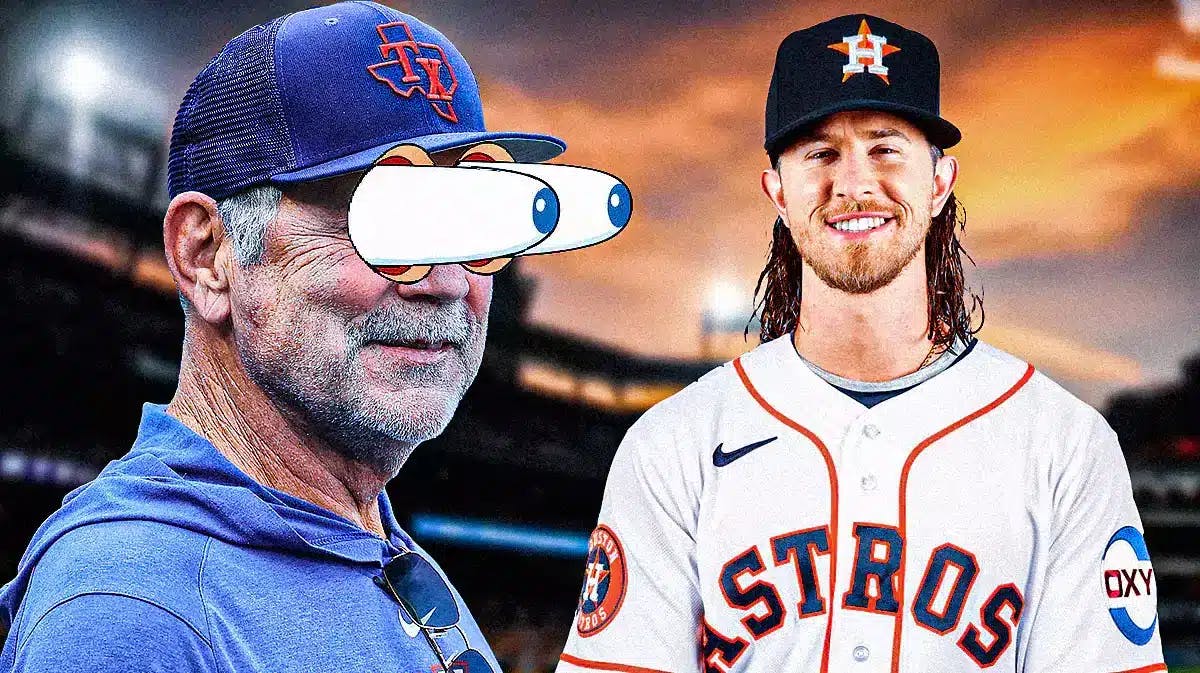 Rangers' Bruce Bochy eyes popping out looking at Josh Hader in an Astros uniform.