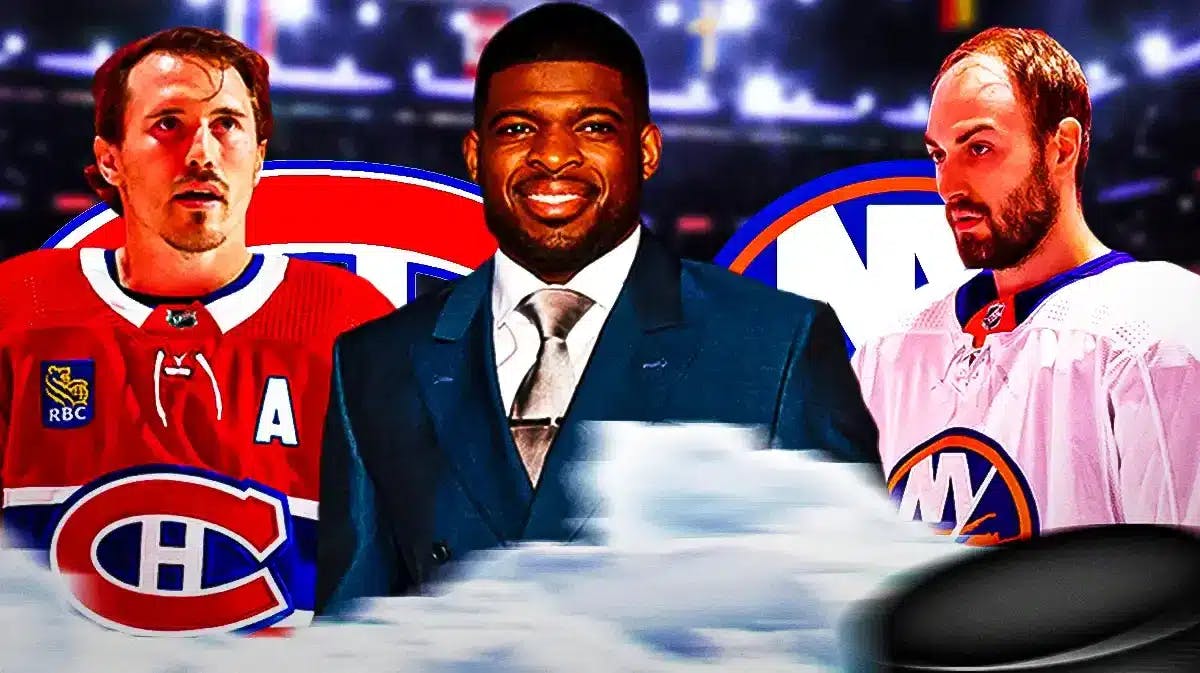 Brendan Gallagher and Adam Pelech on each side looking stern, PK Subban in middle with speech bubble: “Brutal hit” , MON Canadiens and NY Islanders logos, hockey rink in background