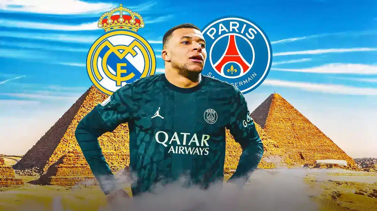 Kylian Mbappe in front of the Pyramids, the Real Madrid and PSG logos in the sky