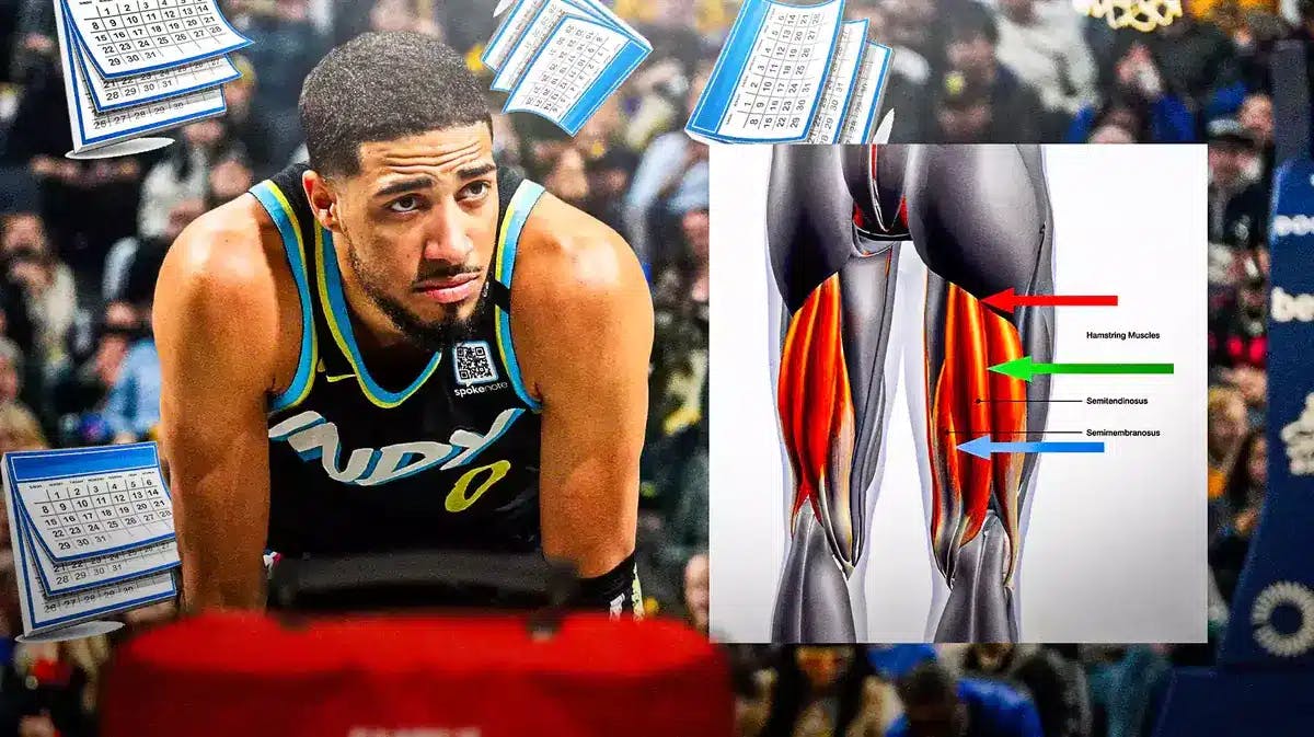 Pacers' Tyrese Haliburton looking sad, with a diagram of a hamstring strain injury beside him, with calendars falling from the sky