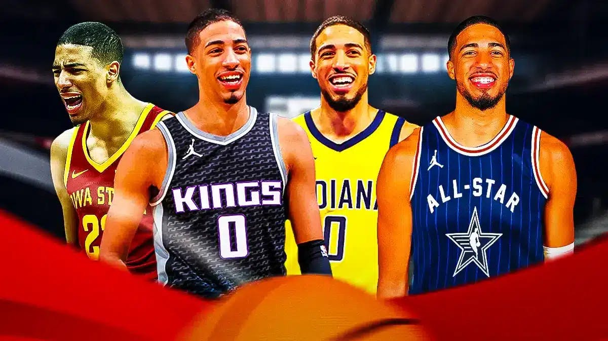 Four pictures (from left to right): Tyrese Haliburton in Iowa State uniform, Tyrese Haliburton in Kings uniform, Haliburton in Pacers uniform, and Haliburton in All-Star Uniform