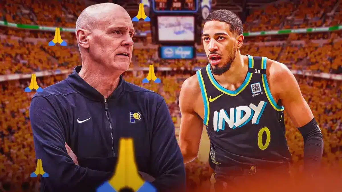 Pacers' Rick Carlisle looking worried with prayer emojis all over him, with Tyrese Haliburton looking serious