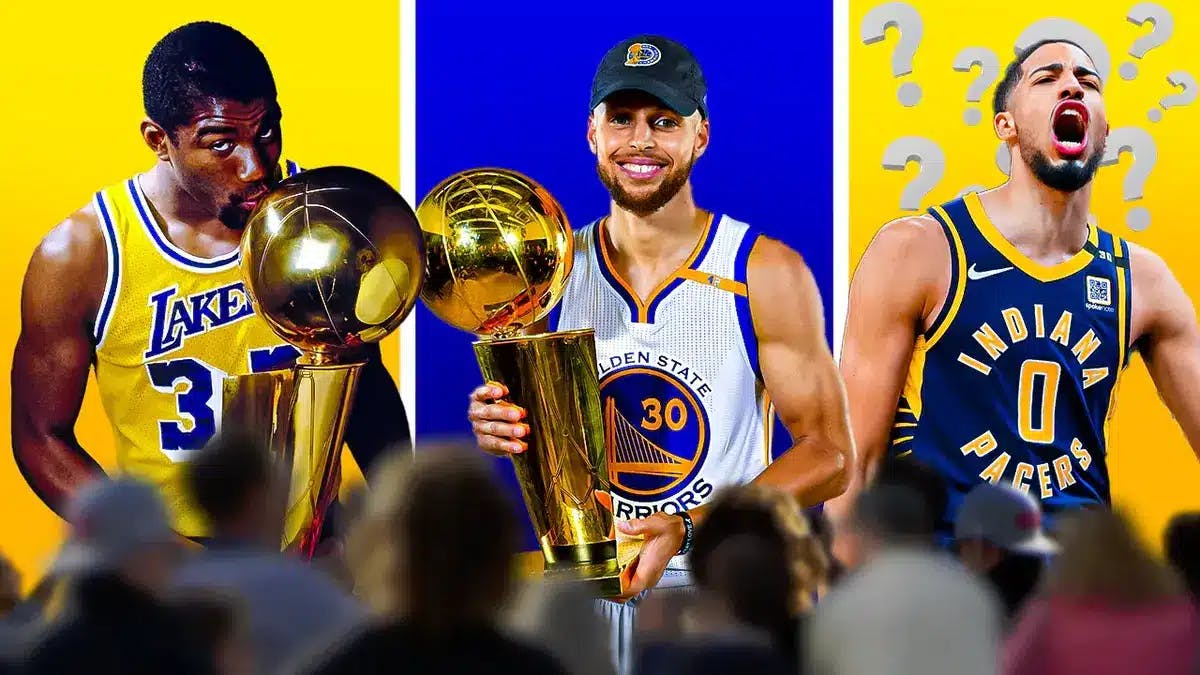 1985 Lakers Magic Johnson holding the championship, 2017 Warriors Stephen Curry holding the championship, 2024 Pacers Tyrese Haliburton smiling with a question mark above him