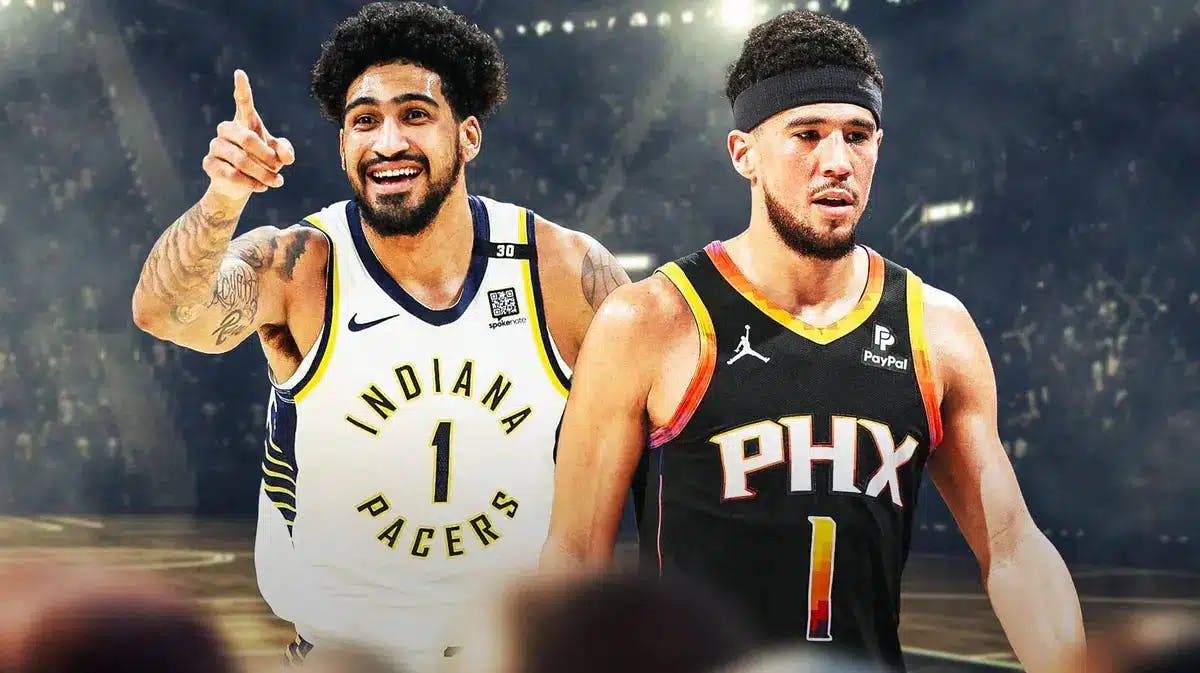 Obi Toppin with Indiana Pacers Jersey, Devin Booker with Phoenix Suns jersey