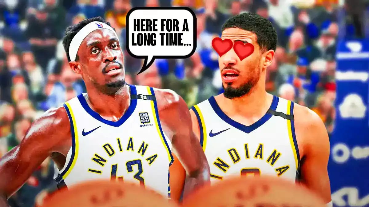 Thumb: Pacers' Pascal Siakam saying, “Here for a long time…”. Tyrese Haliburton with heart eyes.