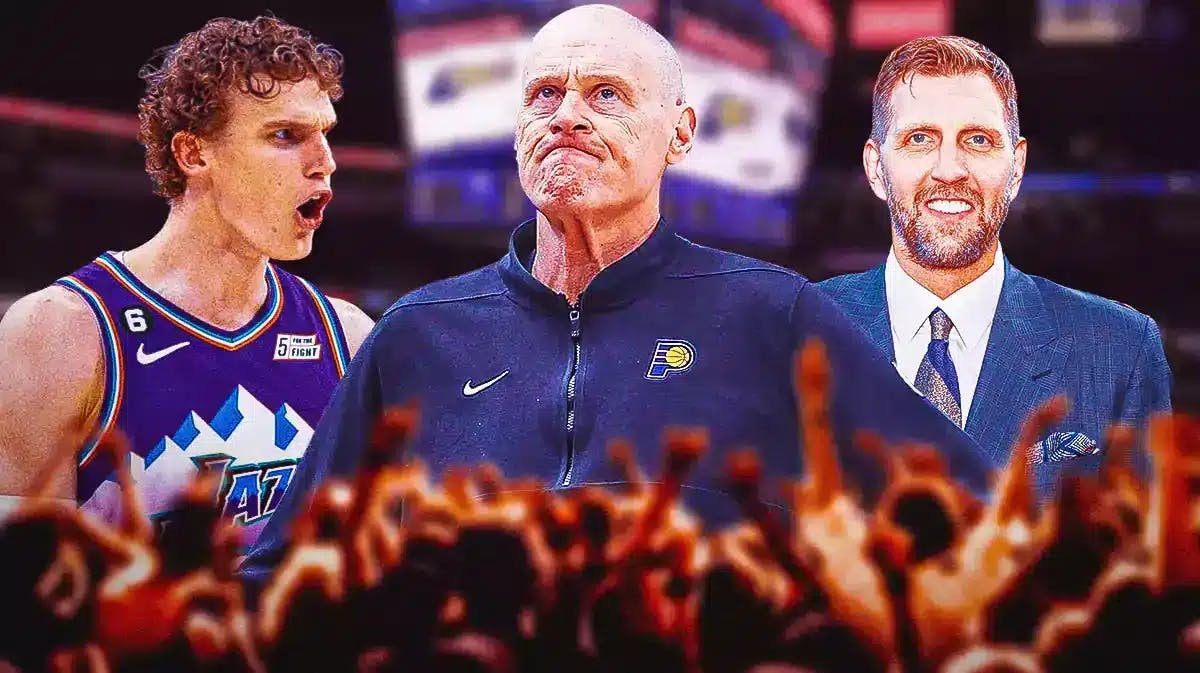 Indiana Pacers coach Rick Carlisle in the middle. Dirk Nowitzki on the right and Lauri Markkanen on the left