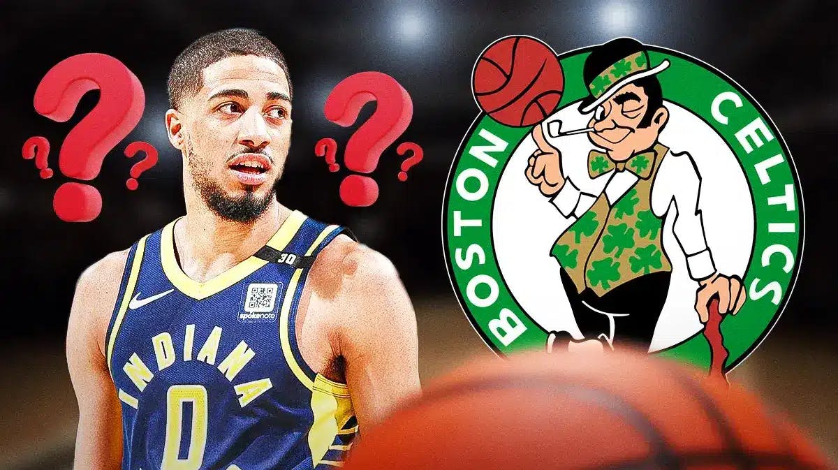 Pacers star Tyrese Haliburton with a question mark above, Celtics
