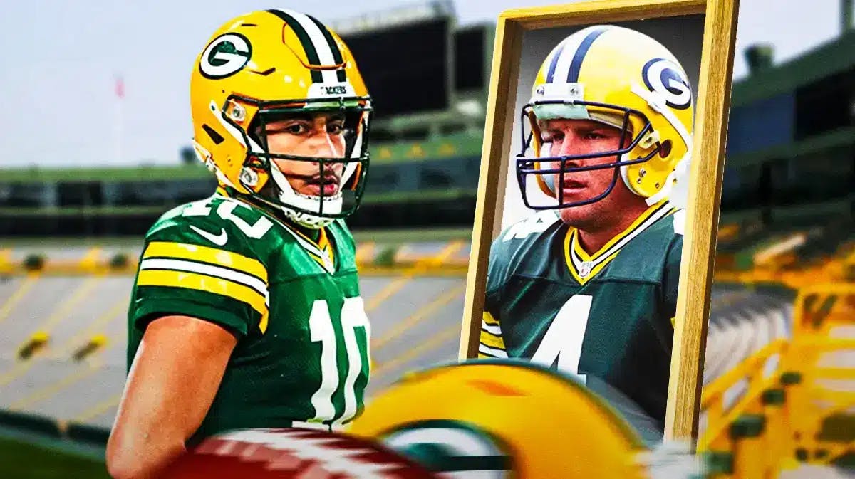 Packers' Jordan Love looking at a mirror with Brett Favre in the reflection