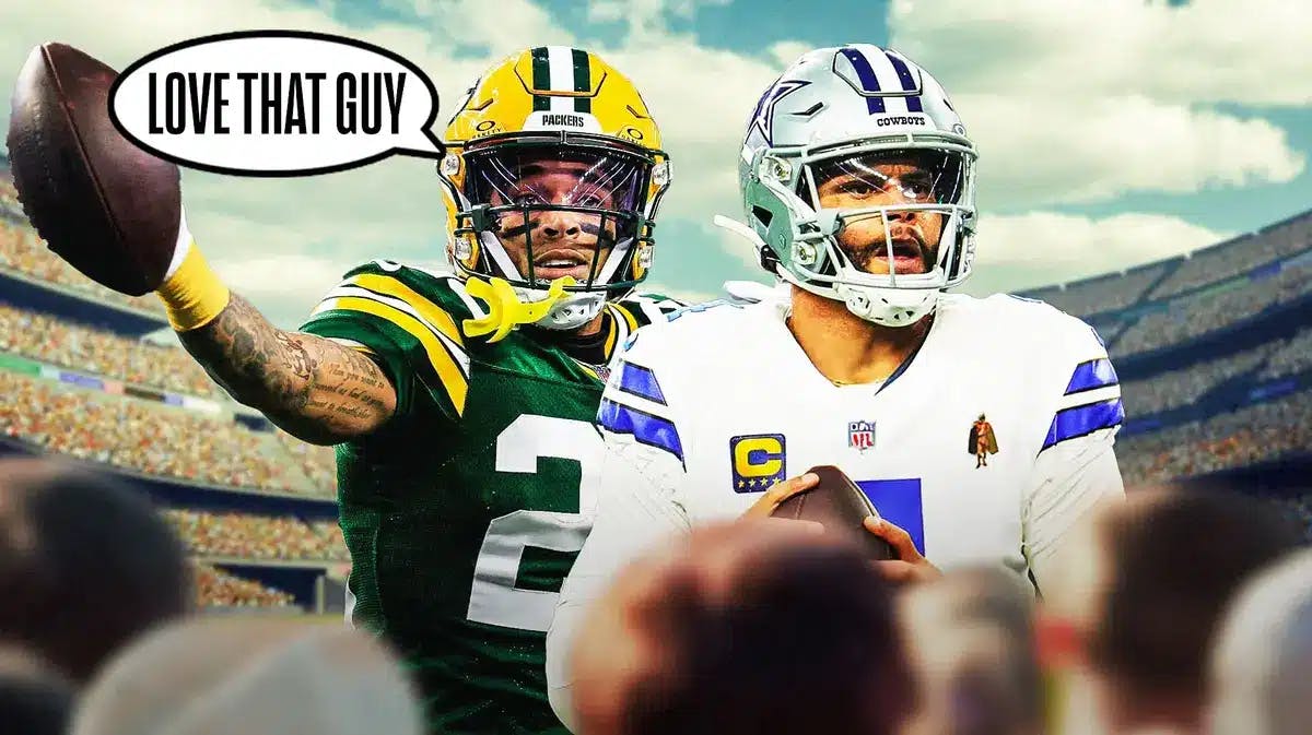 Green Bay Packers' Jaire Alexander and speech bubble “Love That Guy” and image of Dallas Cowboys' Dak Prescott.