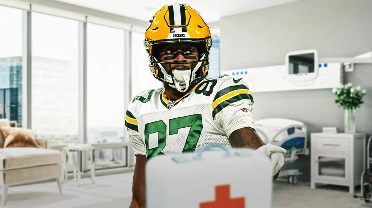 Green Bay Packers wide receiver Romeo Doubs with hospital in the background