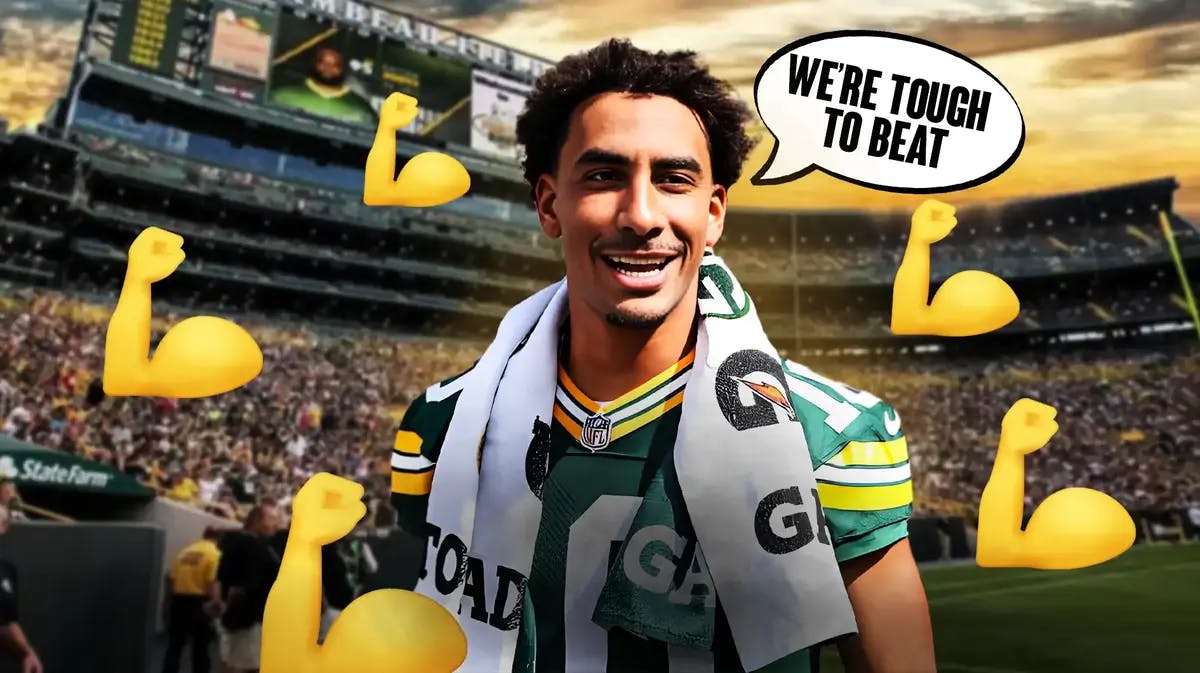 Green Bay Packers' Jordan Love looking happy, speech bubble “We’re Tough To Beat” and muscle emojis around the edge of the image.