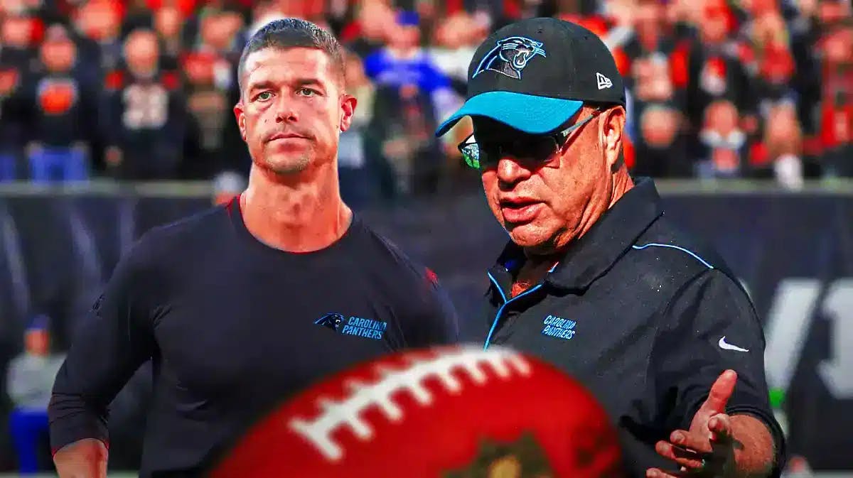 David Tepper on one side, Dave Canales on the other side in Carolina Panthers gear