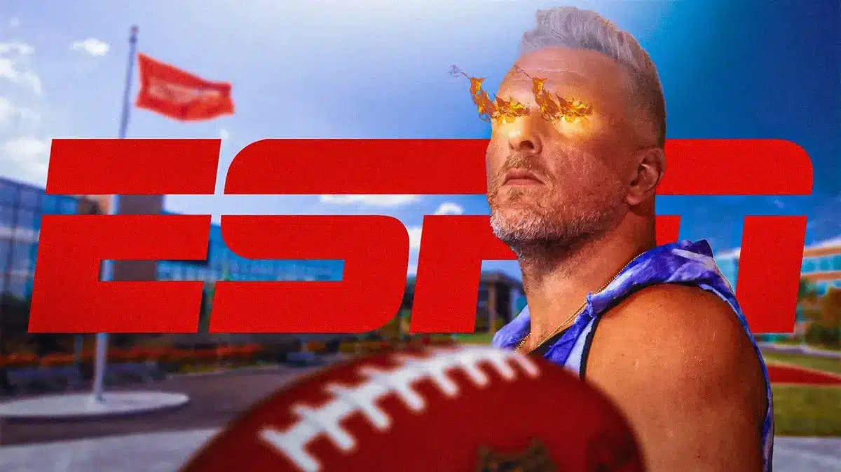Pat McAfee with fire in his eyes and the ESPN logo behind him