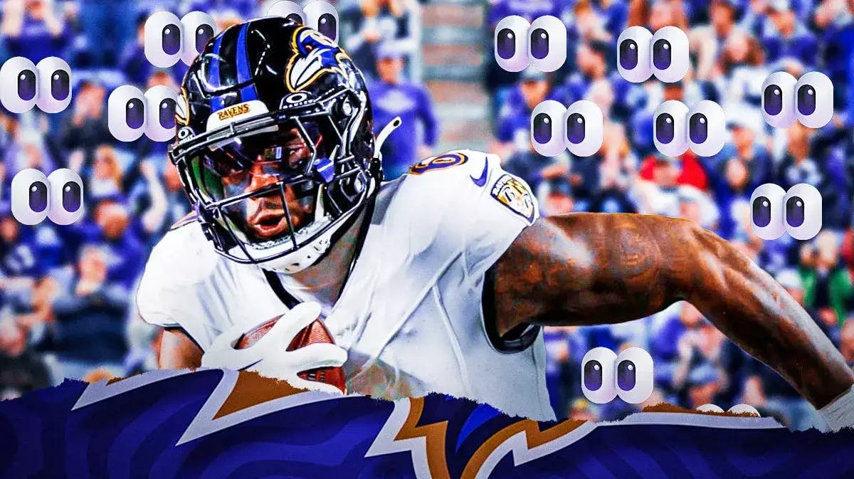Patrick Queen on one side, a bunch of Baltimore Ravens fans on the other side with the big eyes emoji over their faces