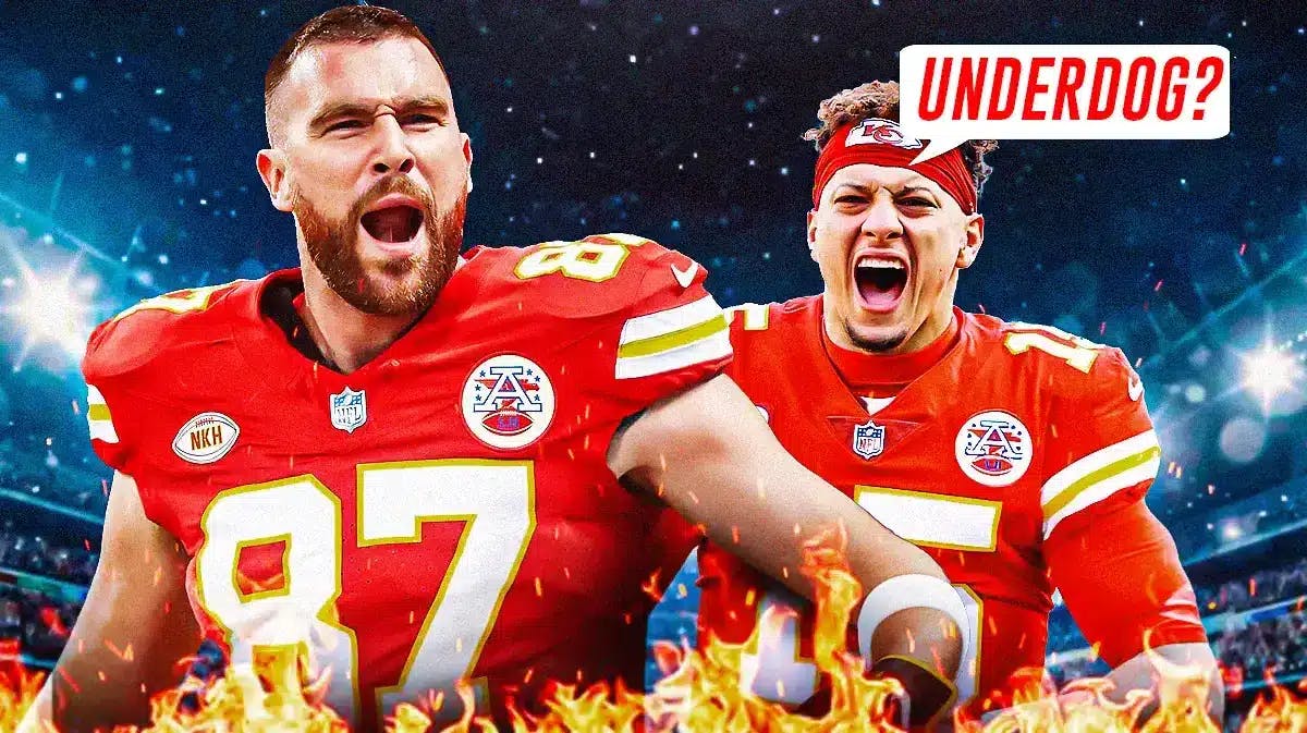 Chiefs' Patrick Mahomes shouting, saying, “Underdog?” Add fire effects around Mahomes and Travis Kelce.