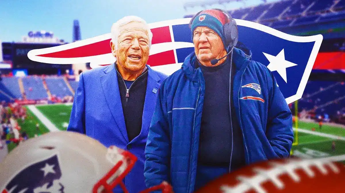 Photo: Bill Belichick in Patriots gear with Patriots logo behind him and Robert Kraft next to him