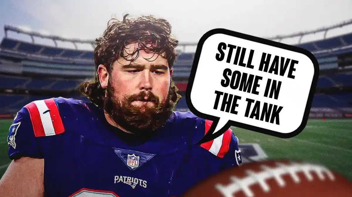 Patriots center David Andrews with quote bubble saying "still have some in the tank"