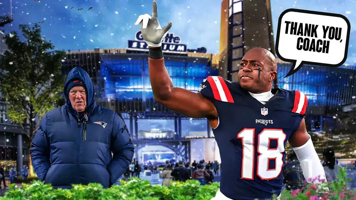 Matthew Slater with quote bubble saying "Thank you, coach" to Bill Belichick"