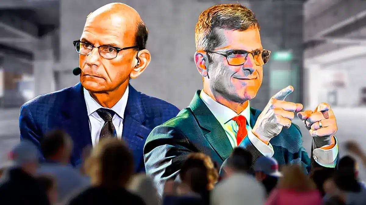 Paul Finebaum to the left and Michigan football coach Jim Harbaugh to the right