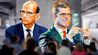 Paul Finebaum to the left and Michigan football coach Jim Harbaugh to the right