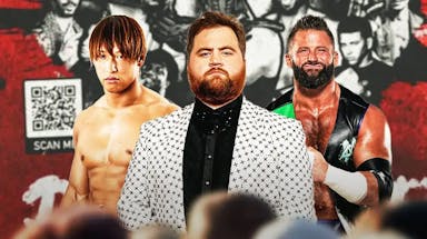 Paul Walter Hauser with Matt Cardona on his left and Kota Ibushi on his right with the GCW Ready or Not poster as the background.