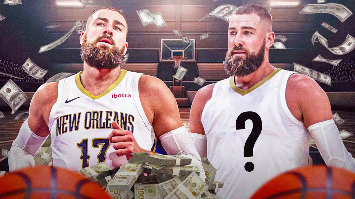 Pelicans' Jonas Valanciunas with cash flying all around and also in a jersey with a question mark on it