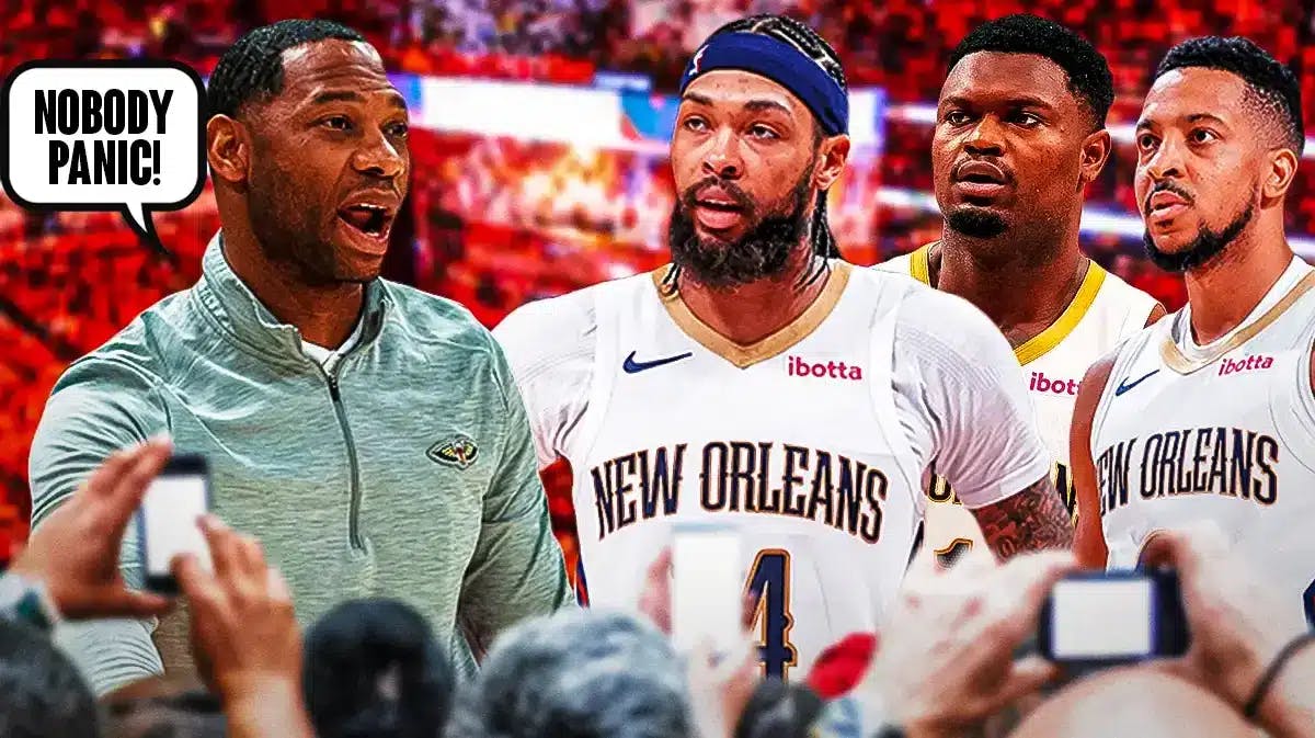 Pelicans coach Willie Green with his hands out and speech bubble “Nobody Panic!” to Brandon Ingram, Zion Williamson, and CJ McCollum