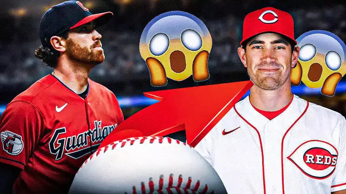 Shane Bieber on one side in a Guardians uniform with an arrow pointing to Shane Bieber on the other side in a Reds uniform