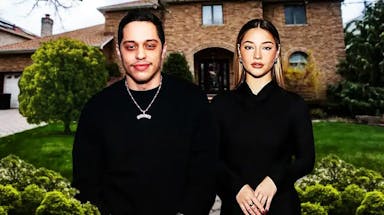 Pete Davidson and Madelyn Cline with a house behind them