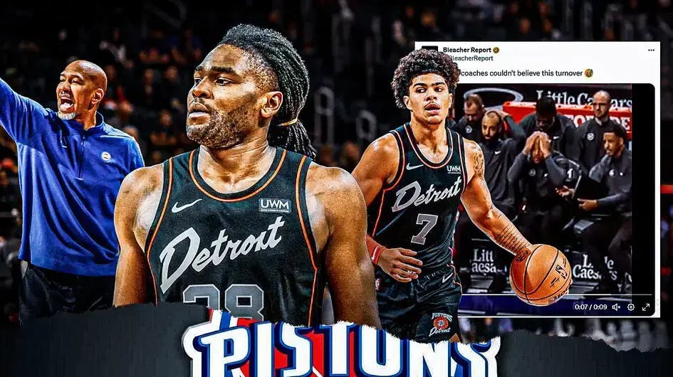 Pistons' Isaiah Stewart, Monty Williams, and Killian Hayes looking frustrated with a screenshot of coaches' frustrations